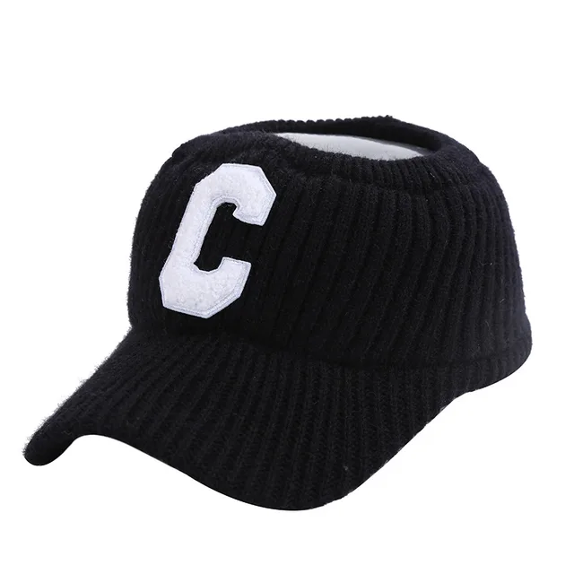 Female C Letter Fleece Warm Empty Top Knitted Baseball Hat Black With White Label - Shop at LoveMi
