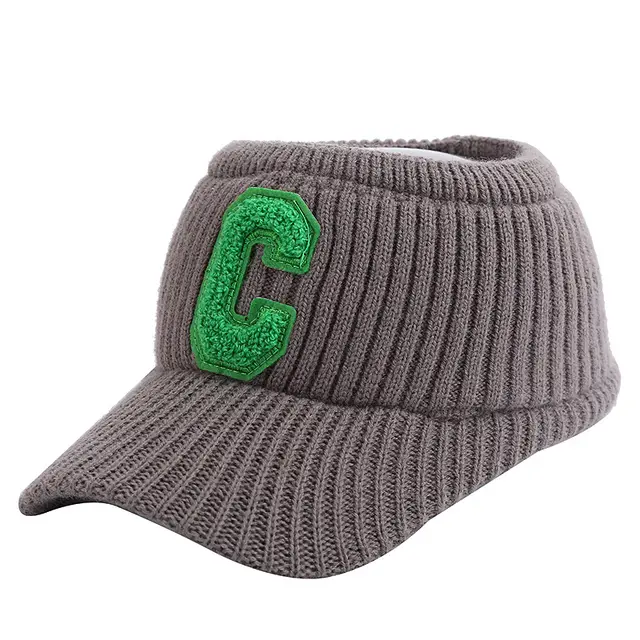 Female C Letter Fleece Warm Empty Top Knitted Baseball Hat Grey - Shop at LoveMi