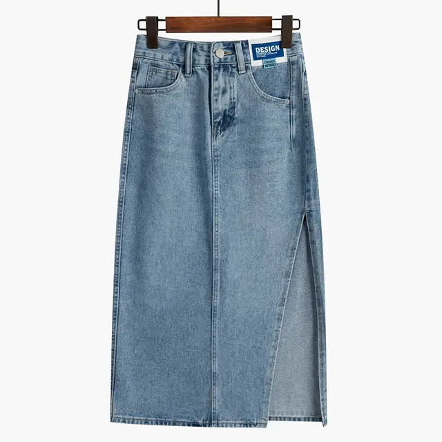 Women's Fashionable Denim Skirt With A Line High Waist Light Blue Long - Shop at LoveMi
