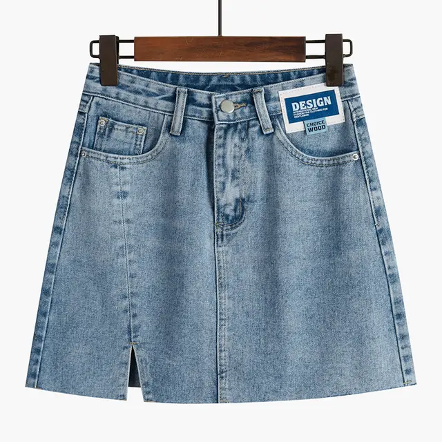 Women's Fashionable Denim Skirt With A Line High Waist Light Blue Short - Shop at LoveMi
