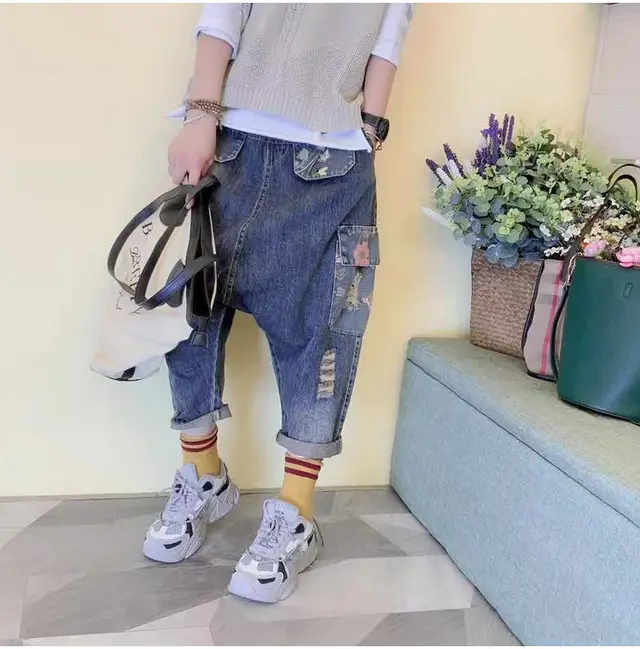 Multi pocket Ripped Loose High Waist Plus Size Large Crotch Pants Blue - Shop at LoveMi