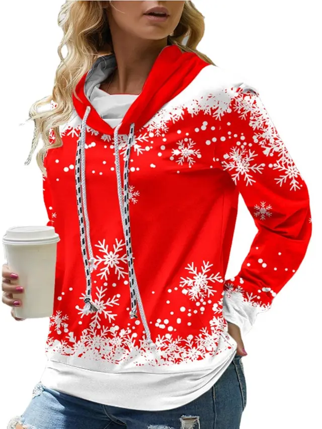 Printed Long Sleeve Double Drawstring Turtleneck Ladies Sweatshirt Red - Shop at LoveMi