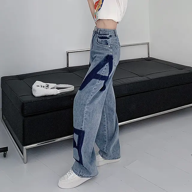 Women's High Waist Slim Denim Letter Print Loose Versatile Straight Wide Leg Pants Washed Blue - Shop at LoveMi