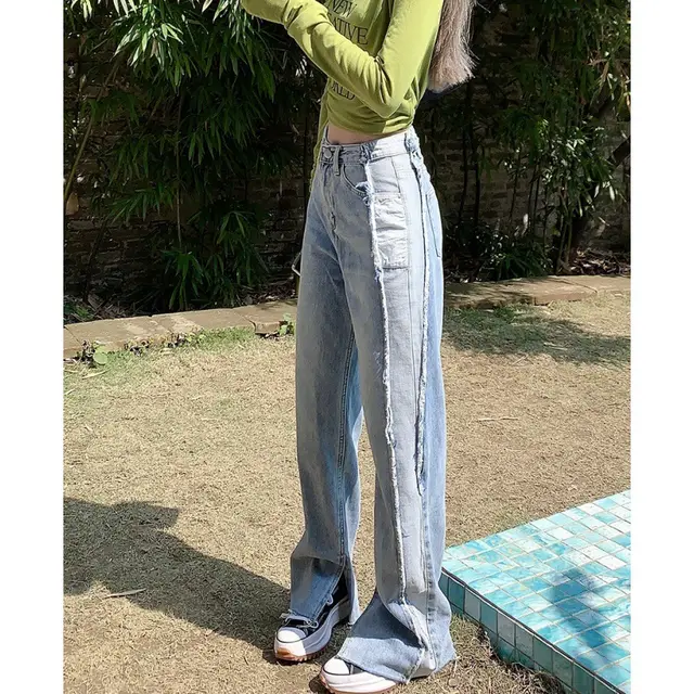 Women's High Waist Slim Side Washed Contrast Raw Denim Trousers Light Blue - Shop at LoveMi