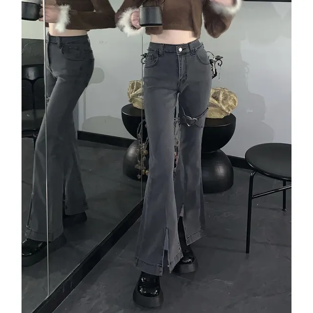 Women's Love Design Sensation Niche Slit Jeans Micro Flare Dark Grey - Shop at LoveMi