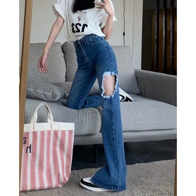 Women's High Waist Slim Jeans Washed Ripped Light Blue - Shop at LoveMi