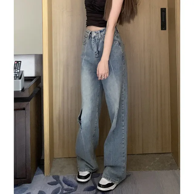 Women's High Waist Slim Jeans Washed Cut Loose Washed Blue - Shop at LoveMi