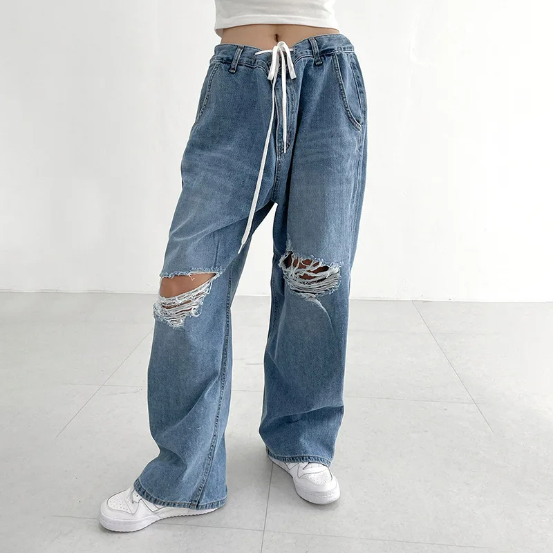 Women's Hip Hop Irregular Ripped High Waist Tie Loose Pants - Blue - View 1