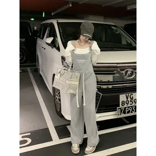 Women's Loose Straight Fit Casual Bib Pants Grey - Shop at LoveMi
