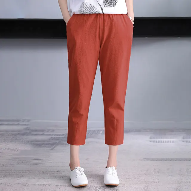 Women's Thin Radish Nine Points Cotton Linen Harem Pants Red - Shop at LoveMi