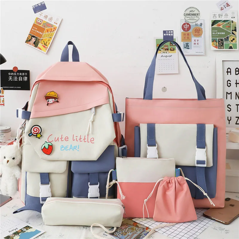 Korean Version Of The Tide Hit Color Harajuku Large capacity Grade Primary School Bag Five Piece Set Pink - Shop at LoveMi