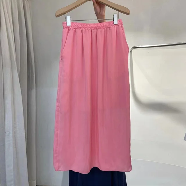 Elastic Waist Back Slit Mid length Solid Color A line Skirt Pink - Shop at LoveMi