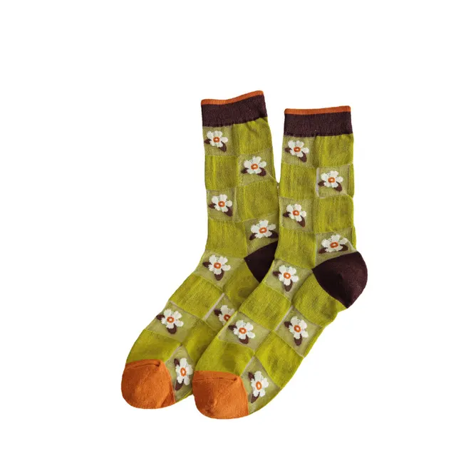 Glass Mesh Breathable Mid Tube Socks Plant Flower Ins Tide Net Red Stockings Checkered Flower - Shop at LoveMi