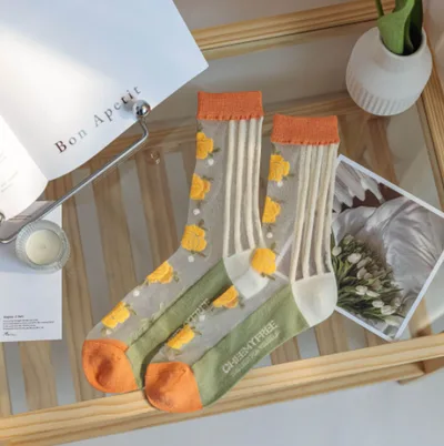 Summer Thin Cute Japanese Broken Glass Silk Stockings Draw Roses - Shop at LoveMi