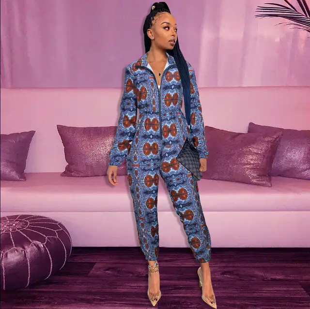 Contrast Print Zip Up Long Bodysuit Blue - Shop at LoveMi