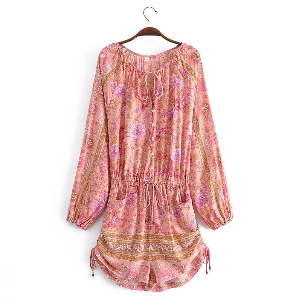 Women's New Rayon Print Positioning Tassel Elastic Waist Jumpsuit - Shop at LoveMi