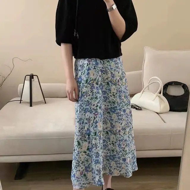 Gentle Contrast Floral Elastic Waist Flower Skirt Blue - Shop at LoveMi