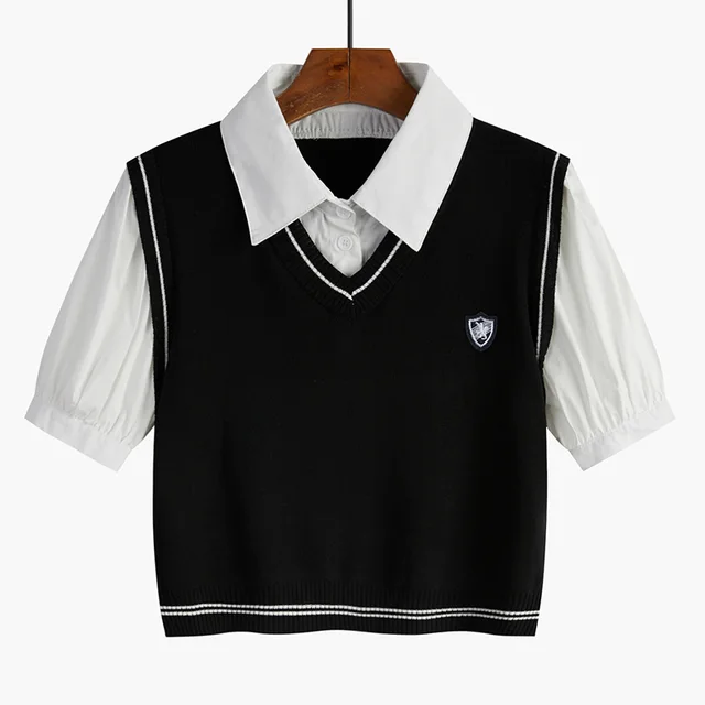 Women's Short Polo Collar Knitted Sweater With Fake Two piece Top Black - Shop at LoveMi