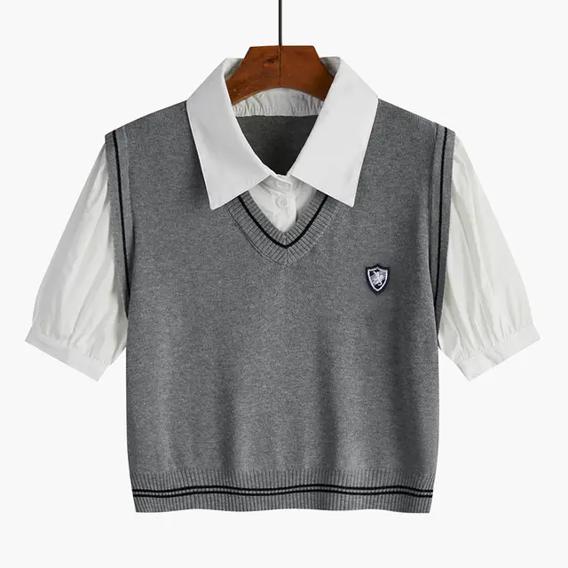 Women's Short Polo Collar Knitted Sweater With Fake Two piece Top Light Grey - Shop at LoveMi