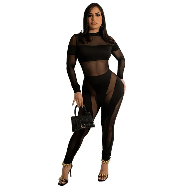 Mesh Stitching Nightclub See through Jumpsuit Black - Shop at LoveMi