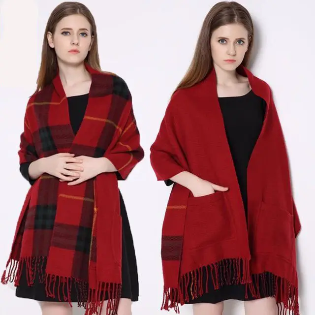 Pocket Scarf Cashmere Fringe Plaid Shawl Maroon - Shop at LoveMi