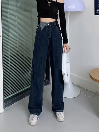 Ladies Ripped High Waist Straight Loose Wide Leg Pants Black B - Shop at LoveMi