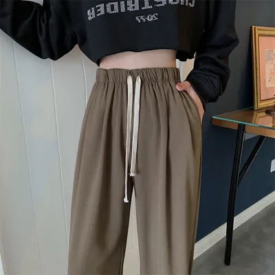 Women's High Waist Loose Straight Leg Pants Khaki - Shop at LoveMi
