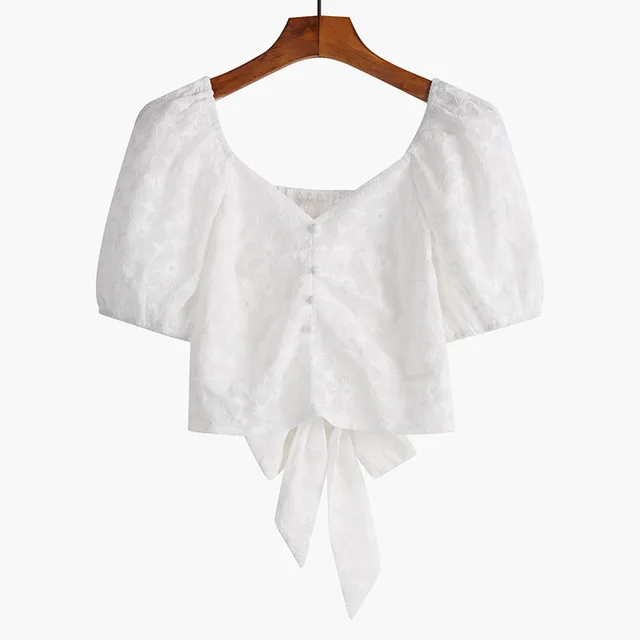 Women's Short Sleeve Thin Floral Puff Shirt White - Shop at LoveMi