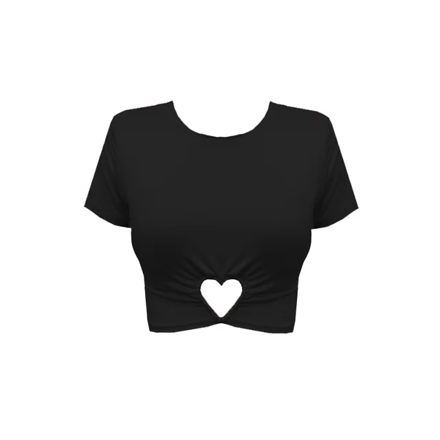 Crew Neck Skinny Short Sleeves Heart Ring Gathering Black - Shop at LoveMi