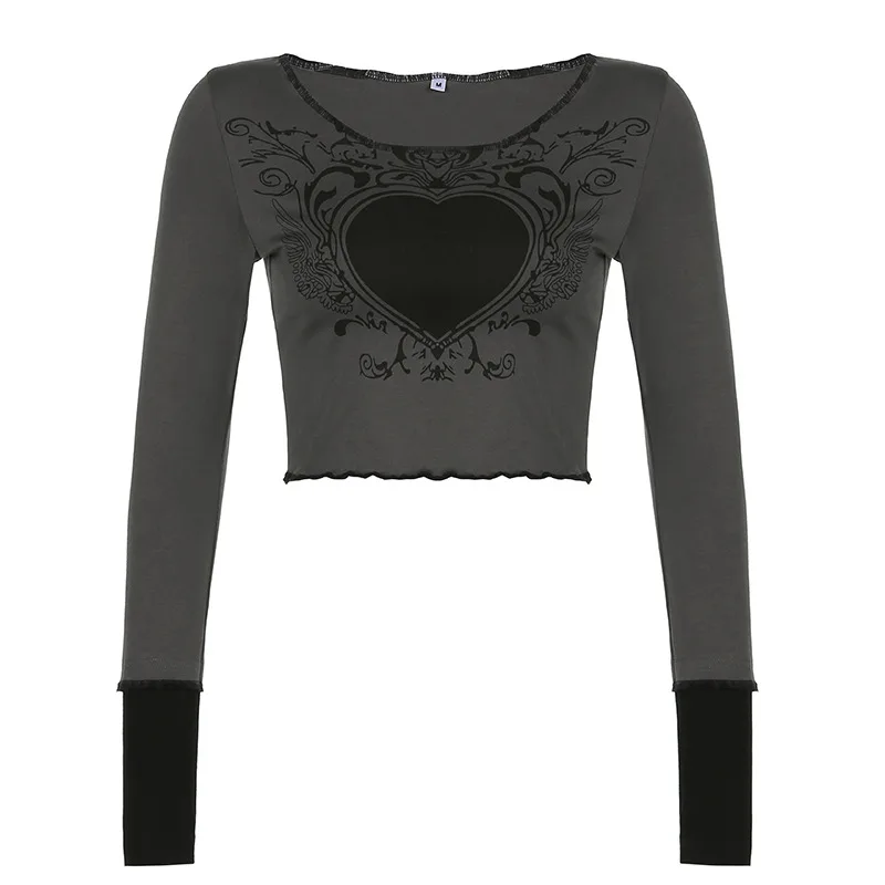 Heart Print Wavy Crew Neck TShirt Slim Fit Cropped Navel Grey Long Sleeve Top - Grey