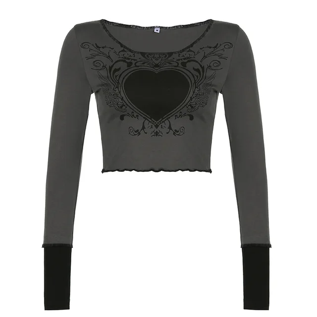 Heart Print Wavy Crew Neck TShirt Slim Fit Cropped Navel Grey Long Sleeve Top Grey - Shop at LoveMi