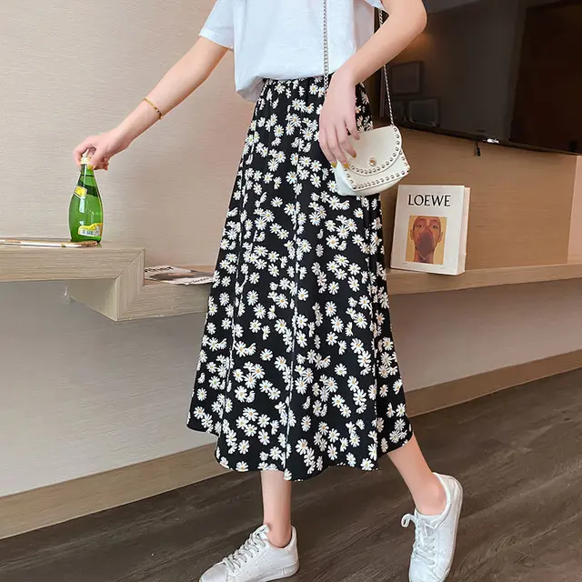 High Waist Chiffon Daisy A line Dress With Drape Mid length Daisy - Shop at LoveMi