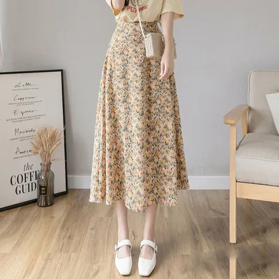 High Waist Chiffon Daisy A line Dress With Drape Mid length Yellow - Shop at LoveMi