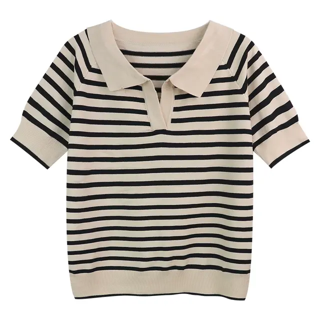 Thin Summer Striped Short Sleeve T Shirt Knit Top Apricot - Shop at LoveMi