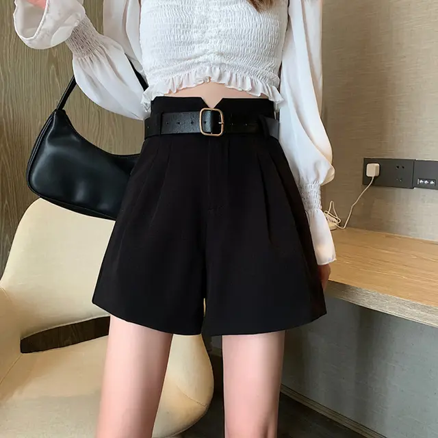 Design Wide leg A line High waist Suit Shorts Black - Shop at LoveMi