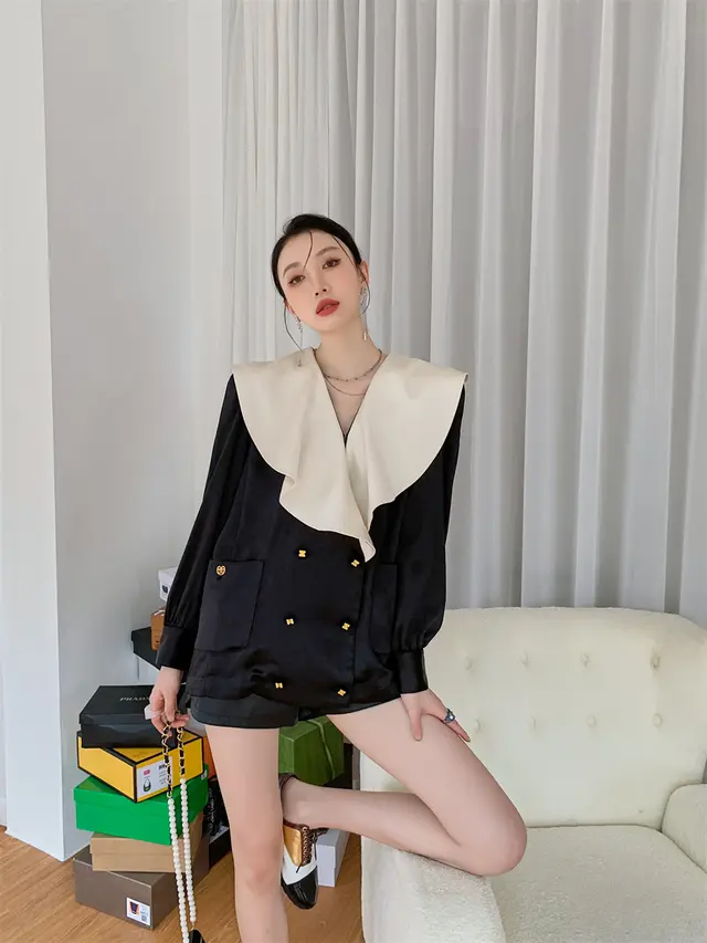 Ladies Chic French Ruffle Collar Top Shirt Black - Shop at LoveMi