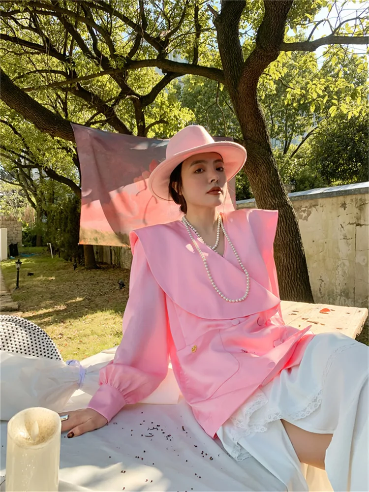 Ladies Chic French Ruffle Collar Top Shirt Pink - Shop at LoveMi