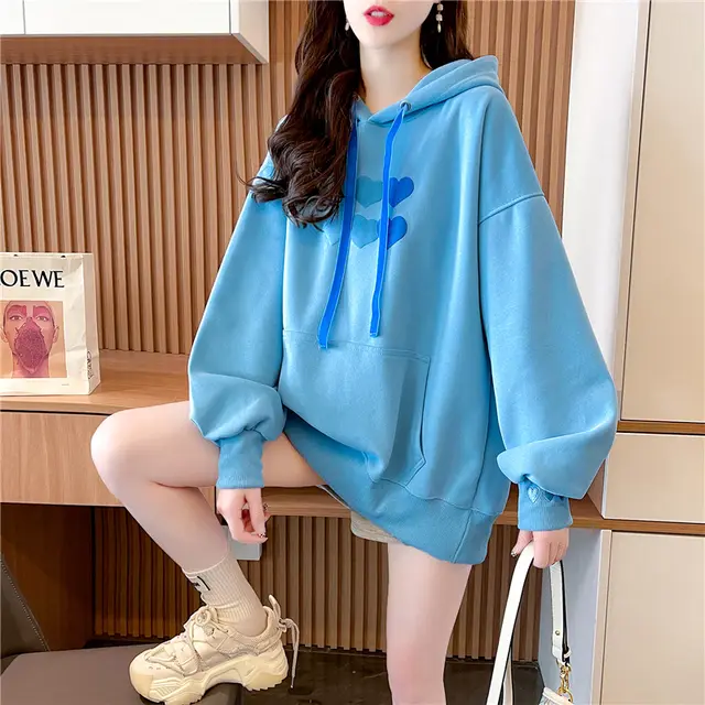 Loose Design Heart Hoodie Women's Jacket Blue - Shop at LoveMi
