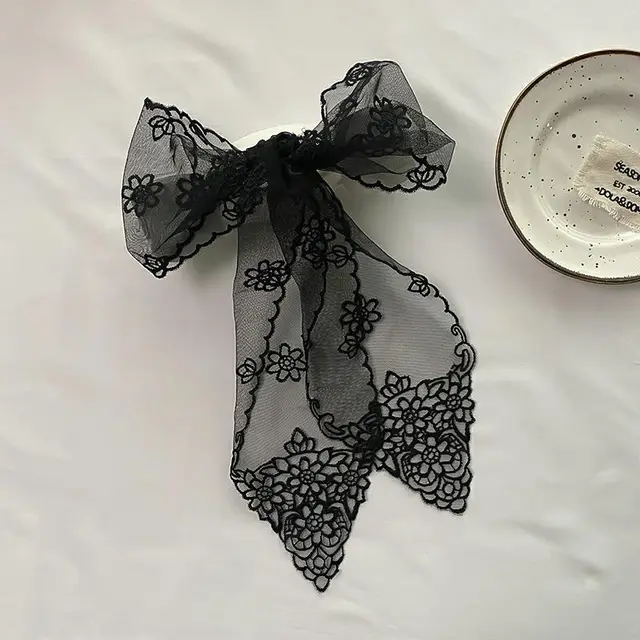 Streamer Small Scarf Embroidered Lace Tie Head Silk Scarf Hairband Black - Shop at LoveMi