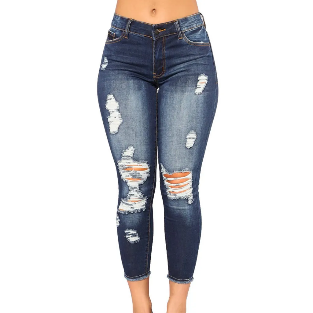 Women's Fashion Elastic Slim Fit Ripped Skinny Jeans - Navy Blue