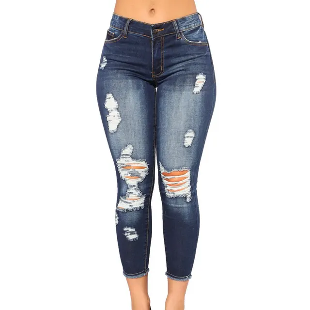 Women's Fashion Elastic Slim Fit Ripped Skinny Jeans Navy Blue - Shop at LoveMi