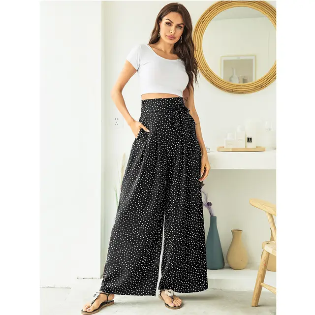 Women's Fashion Polka Dot Waist Wide Leg Casual Pants Black And White - Shop at LoveMi