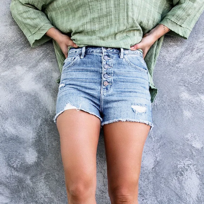 Stylish Breasted Shredded Stretch Jeans Shorts Light Blue - Shop at LoveMi