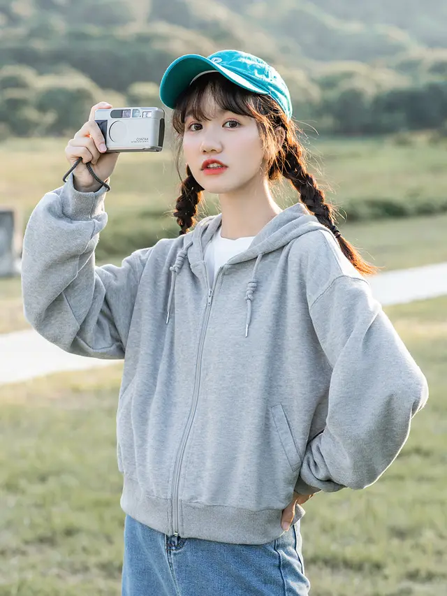 Grey Cropped Sweatshirt Women's Hooded Cardigan Top Grey - Shop at LoveMi
