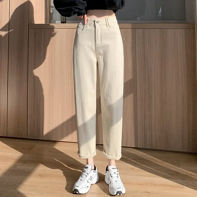 Women's High Waist Slim Straight Daddy Pants Apricot All Match - Shop at LoveMi