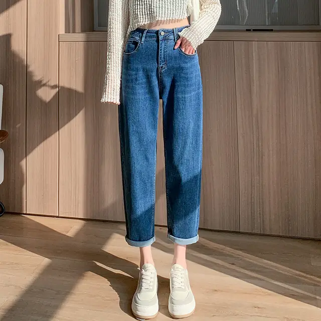 Women's High Waist Slim Straight Daddy Pants Blue All Match - Shop at LoveMi