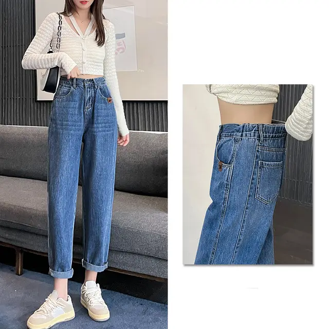 Women's High Waist Slim Straight Daddy Pants Blue Elastic Waist - Shop at LoveMi