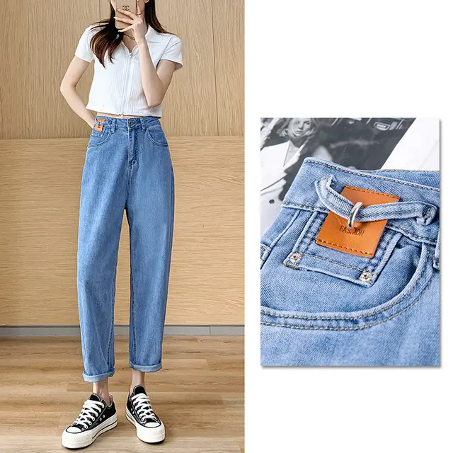 Women's High Waist Slim Straight Daddy Pants Blue Leather Label - Shop at LoveMi