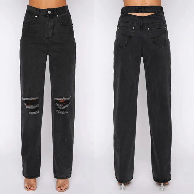 Street Hipster Ripped Washed Denim Straight Women's Trousers Black - Shop at LoveMi