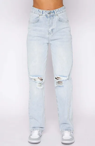 Street Hipster Ripped Washed Denim Straight Women's Trousers Light Blue - Shop at LoveMi